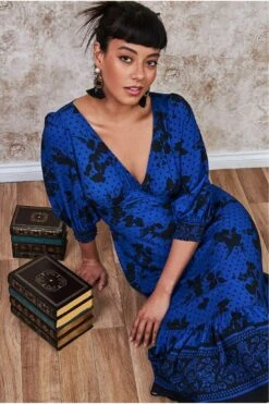 Goddiva Floral Print Puff Sleeve Midi Dress - Royalblue -Liquosmi Store UZYhZ5MV 5571