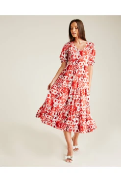 Dusty Pink Low Neck Gathered Smock Dress | Red