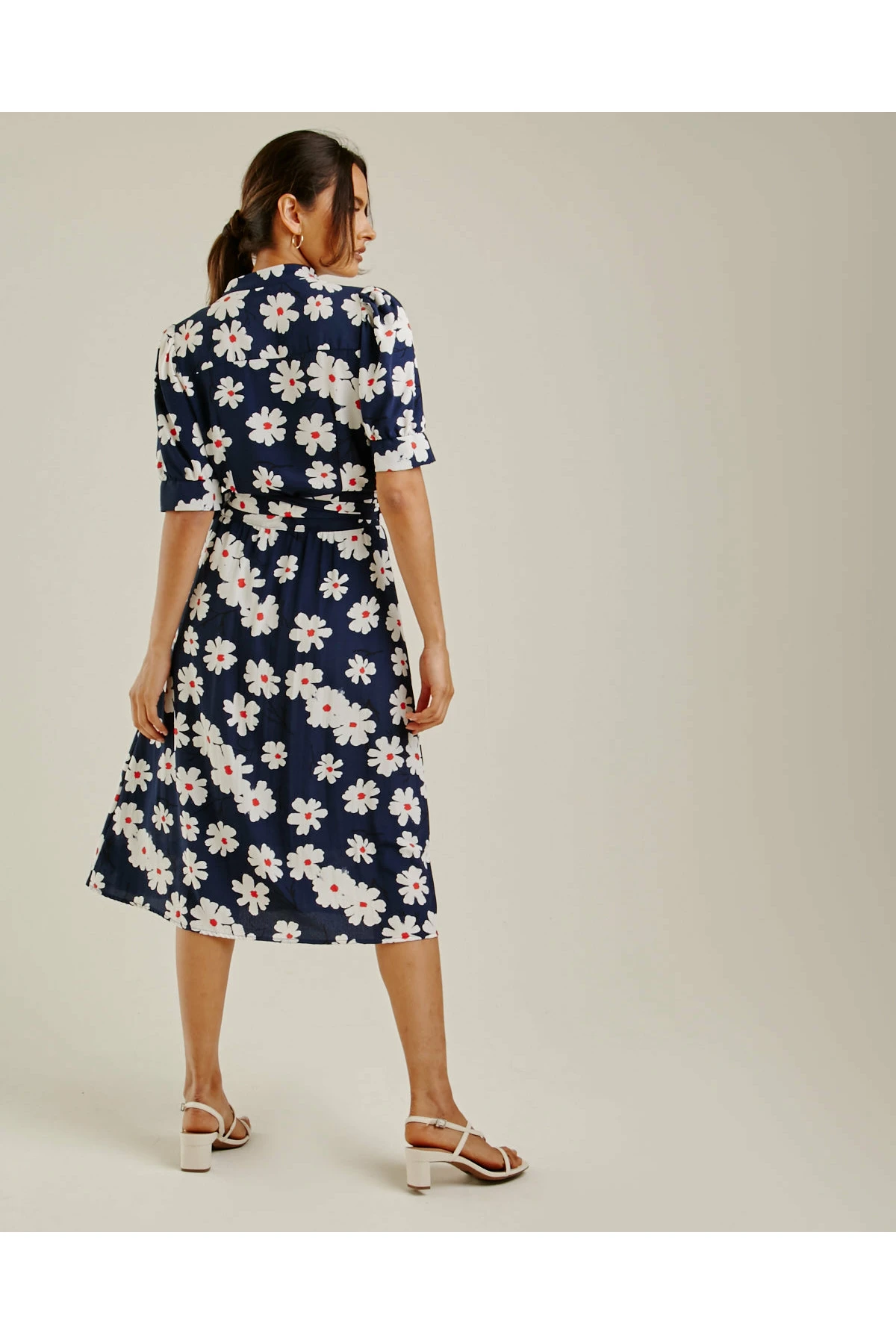 Dusty Pink Daisy Printed Wrapped Hem Dress | Dark Blue 4 Dusty Pink Daisy Printed Wrapped Hem Dress | Dark Blue - Image 4