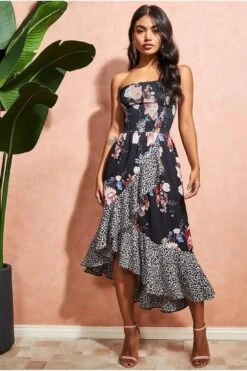 Goddiva Contrast Print Boobtube Midi Dress - Leopard Print