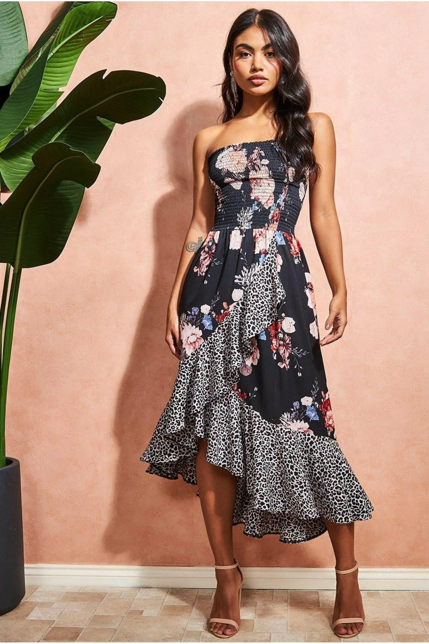 Goddiva Contrast Print Boobtube Midi Dress - Leopard Print 1 Goddiva Contrast Print Boobtube Midi Dress - Leopard Print