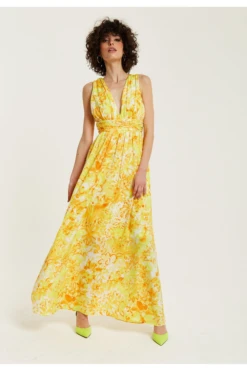 Liquorish Yellow And Orange Floral Print V-neck Maxi Dress