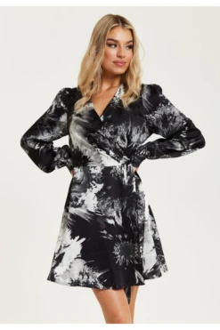 Liquorish Mono Abstract Print Mini Wrap Dress