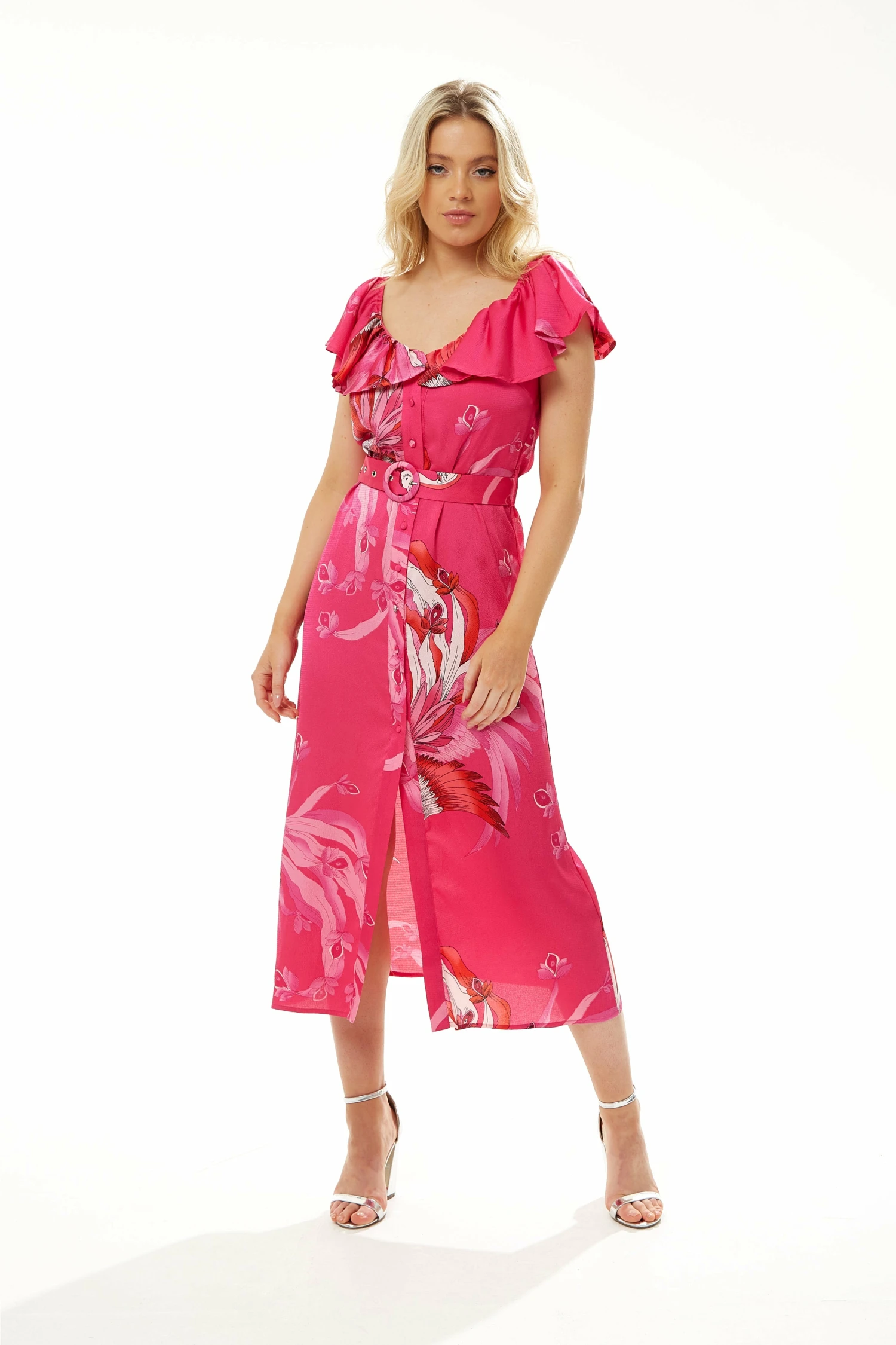 Liquorish Belted Midi Dress Off Shoulder Sleeves In Fucshia 1 Liquorish Belted Midi Dress Off Shoulder Sleeves In Fucshia