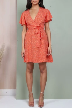 Lilura London Wrap Front Mini Dress In Orange Polka Dot -Liquosmi Store WNHTcXYG 10599