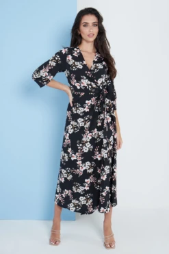 Lilura London Midi Wrap Dress In Black Floral Print -Liquosmi Store WrkDPBc8 15704