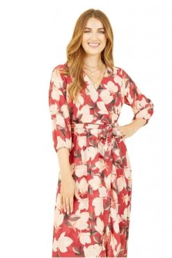 Yumi Red Blossom Wrap Midi Dress With 3/4 Sleeves 7 Yumi Red Blossom Wrap Midi Dress With 3/4 Sleeves -Liquosmi Store XULRC6iG 14854