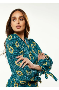 Liquorish African 3/4 Length Sleeve Greenyellownavy Midi -Liquosmi Store XYUVHiYB 8352