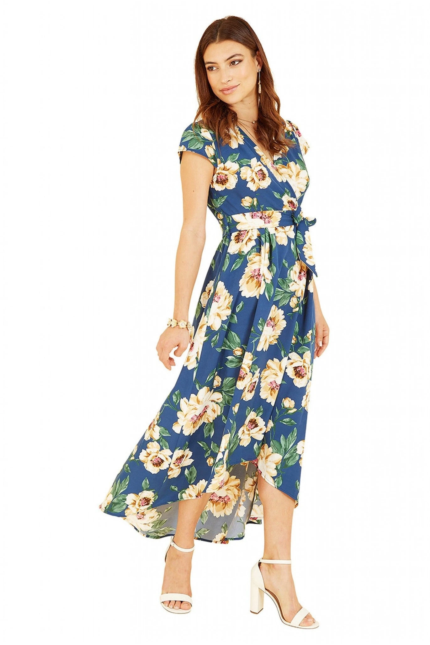 Mela London Blue Painted Floral Print Dipped Hem Wrap Dress 4 Mela London Blue Painted Floral Print Dipped Hem Wrap Dress - Image 4