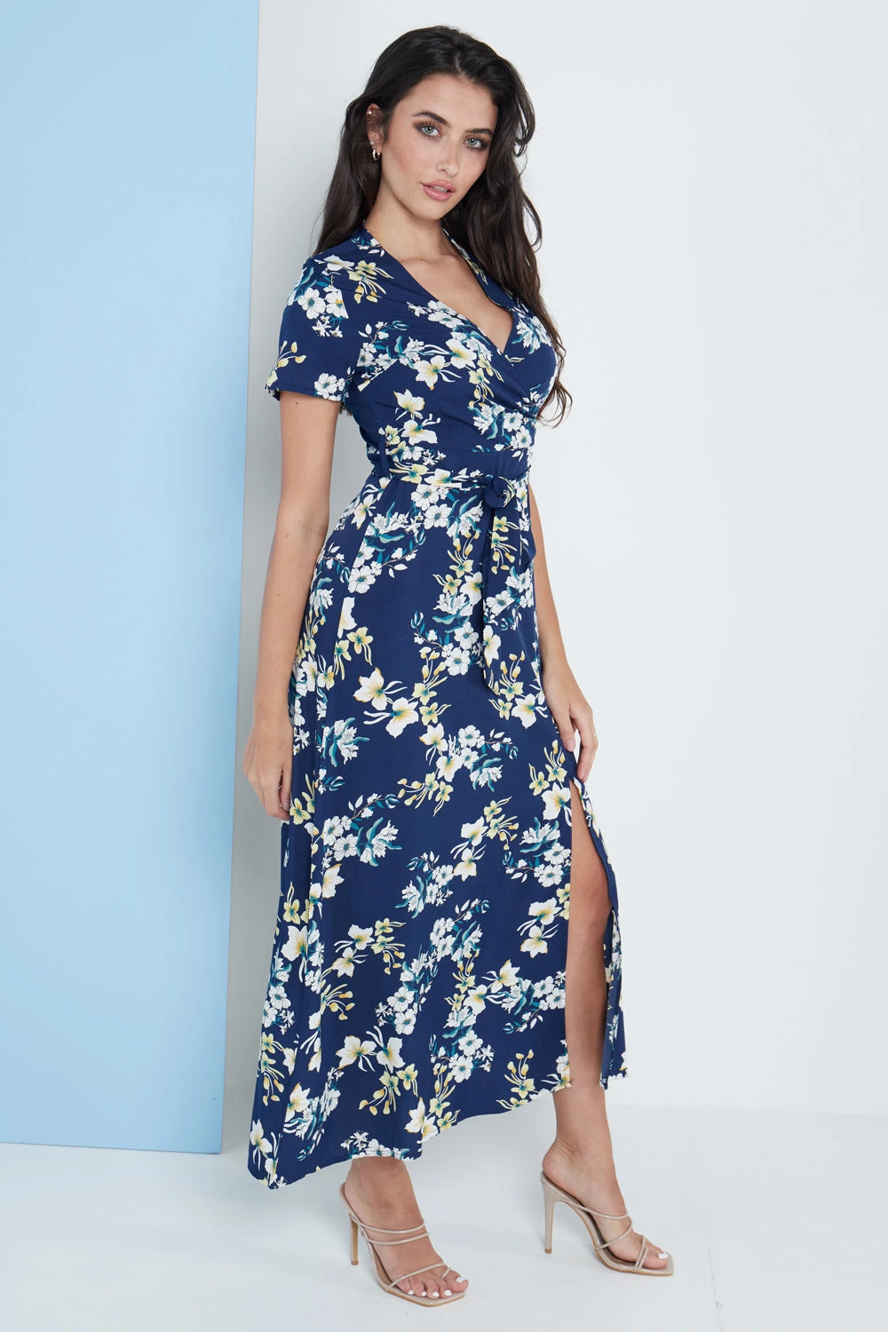Lilura London Wrap Front Maxi Dress In Navy Blue Floral 3 Lilura London Wrap Front Maxi Dress In Navy Blue Floral - Image 3