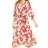 Yumi Red Blossom Wrap Midi Dress With 3/4 Sleeves