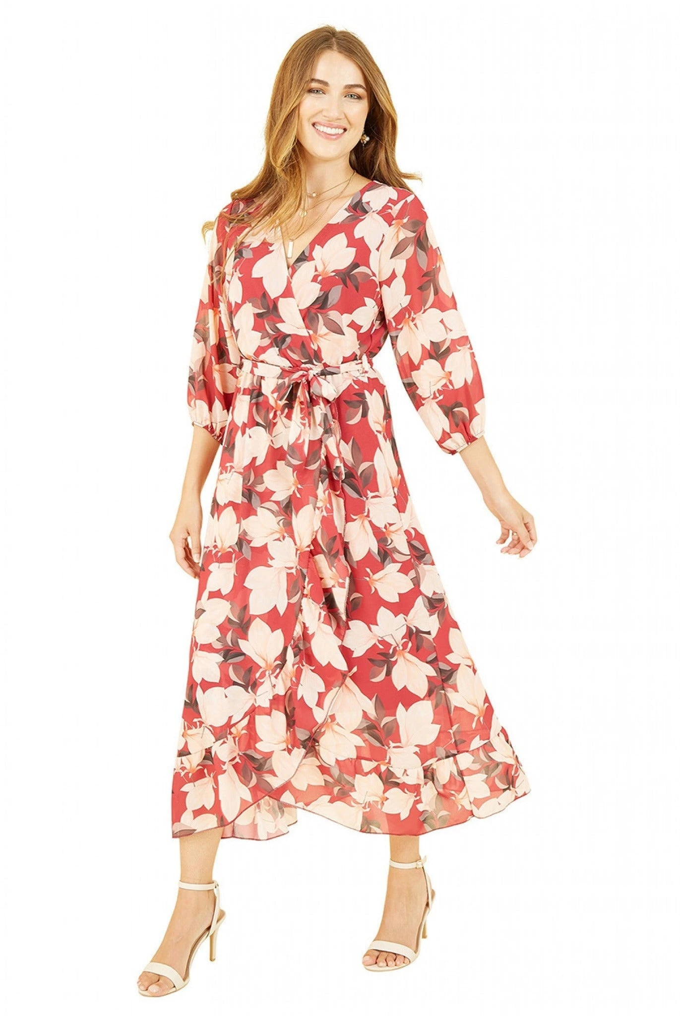 Yumi Red Blossom Wrap Midi Dress With 3/4 Sleeves 1 Yumi Red Blossom Wrap Midi Dress With 3/4 Sleeves