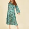 Yumi Green Ditsy Print Long Sleeve Midi Shirt Dress