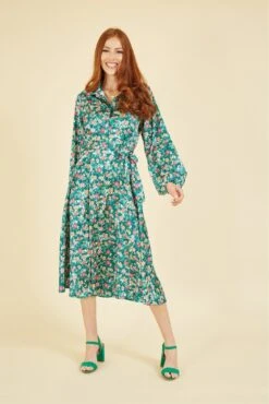 Yumi Green Ditsy Print Long Sleeve Midi Shirt Dress