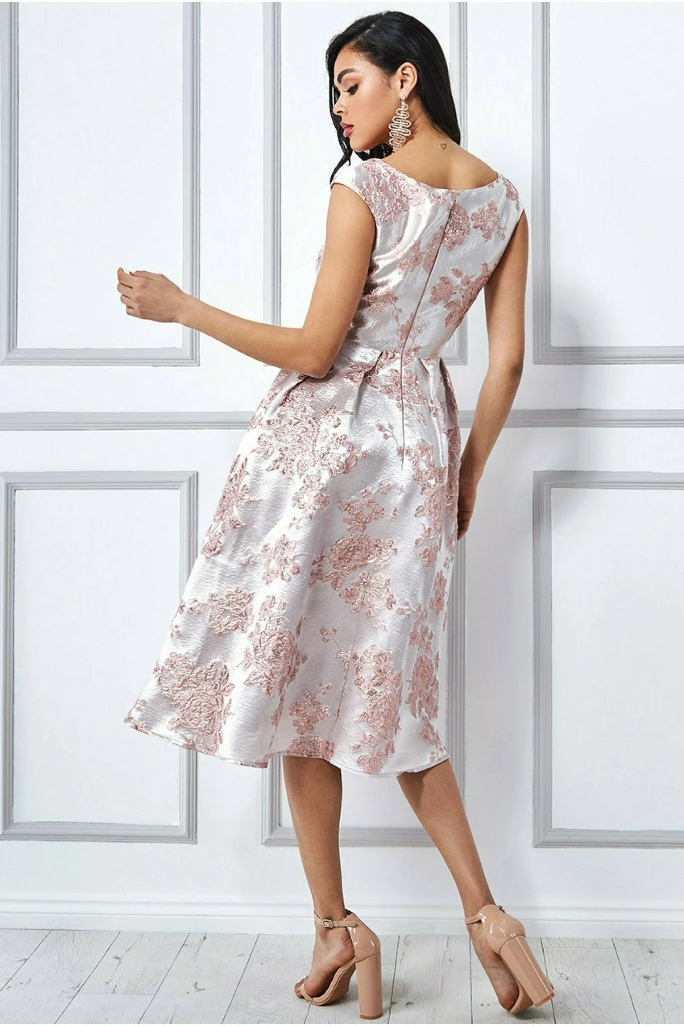 Goddiva Jacquard Off The Shoulder Midi Dress - Blush 2 Goddiva Jacquard Off The Shoulder Midi Dress - Blush - Image 2