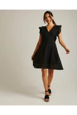 Dusty Pink Wrapped Broderie Dress | Black