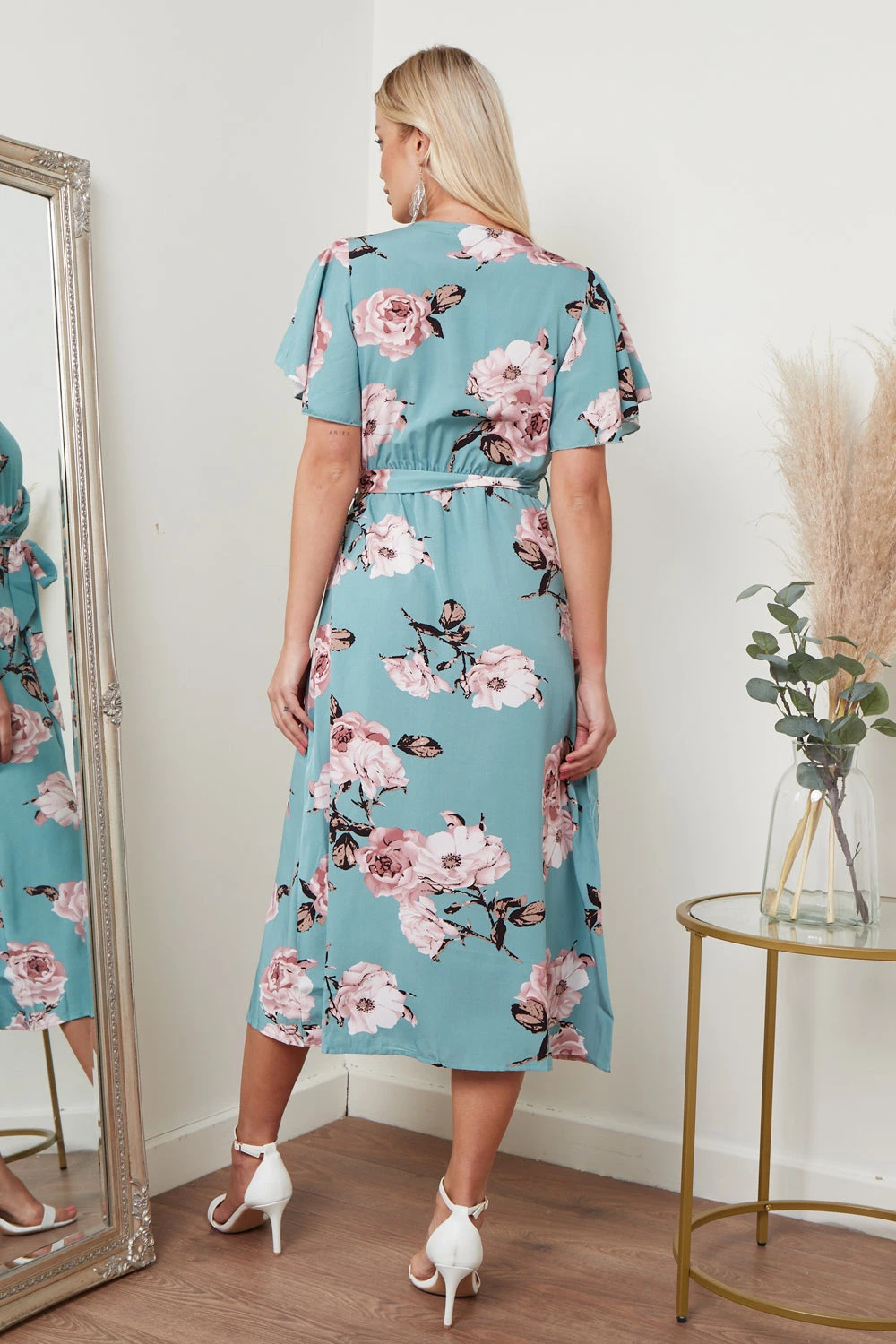 Lilura London Angel Sleeves Midi Wrap Dress In Green Floral 2 Lilura London Angel Sleeves Midi Wrap Dress In Green Floral - Image 2