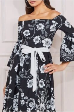 Goddiva Printed Off The Shoulder Midi Dress - Black -Liquosmi Store ZphBoitx 11617