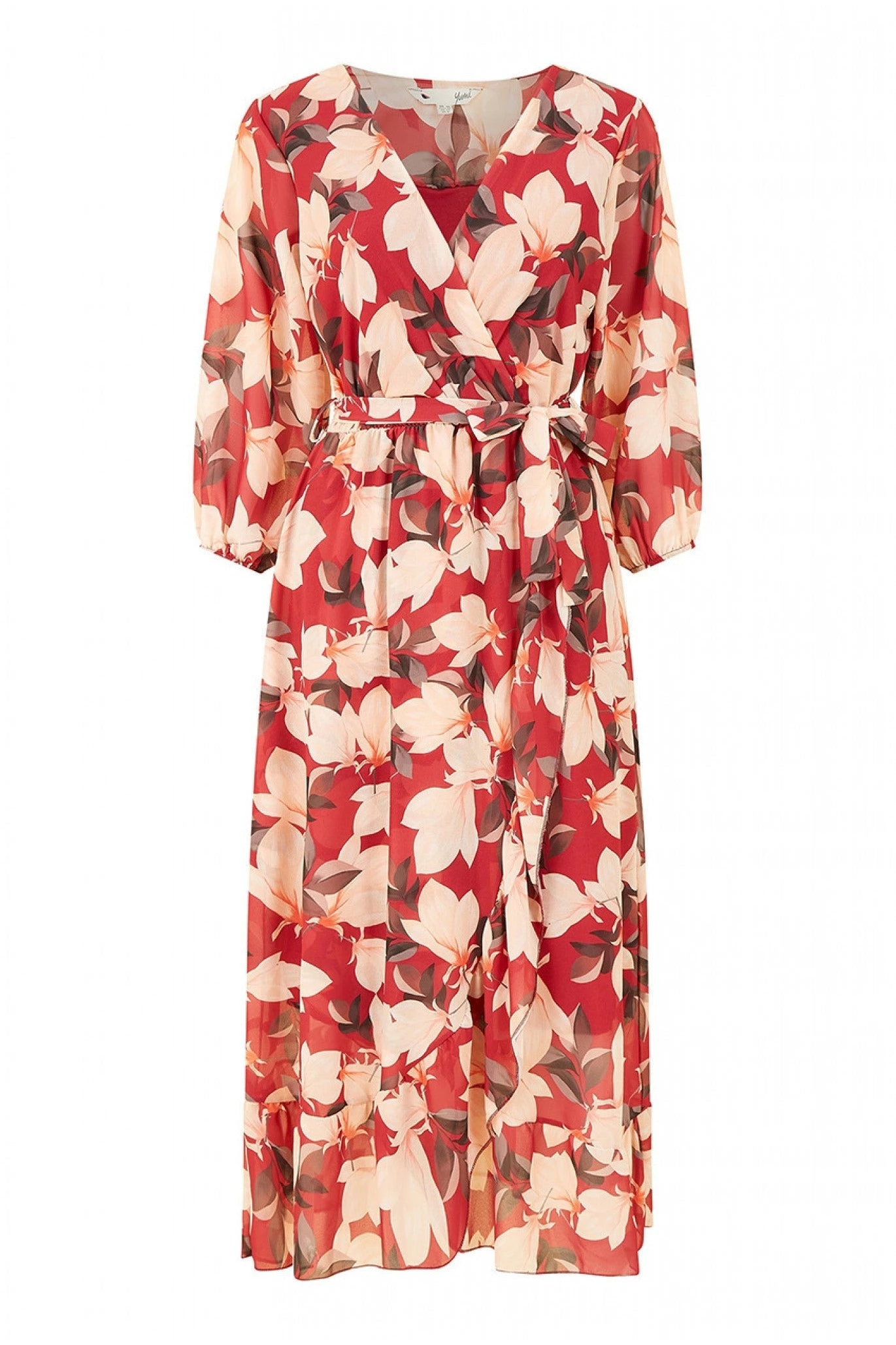 Yumi Red Blossom Wrap Midi Dress With 3/4 Sleeves 5 Yumi Red Blossom Wrap Midi Dress With 3/4 Sleeves - Image 5