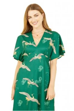 Yumi Green Crane Print Kimono Midi Dress -Liquosmi Store a4Eaoedb 14792