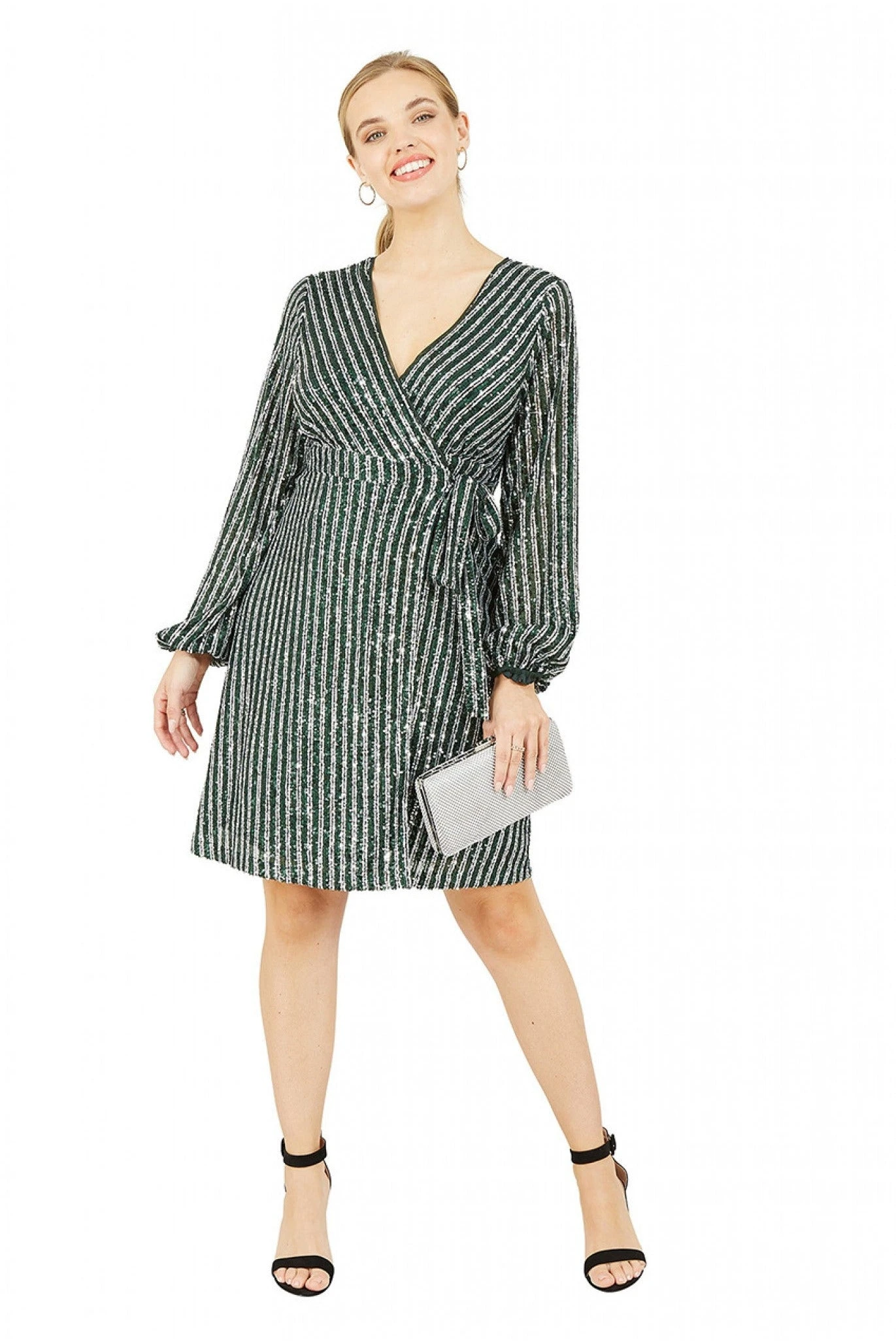 Yumi Green And Silver Stripe Sequin Wrap Dress 1 Yumi Green And Silver Stripe Sequin Wrap Dress
