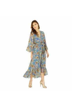 Yumi Grey Floral Dip Hem Midi Dress