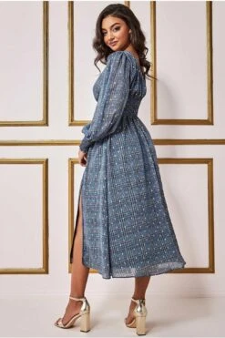 Goddiva Long Sleeve Midi Shirred Waistband - Check Print -Liquosmi Store b8x0VFdX 12219