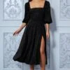 Goddiva Velvet Sparkle Midi Dress With Front Split - Black