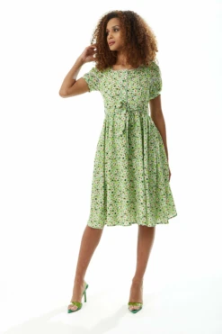 Liquorish Green Floral Midi Dress With Trim Lace Details