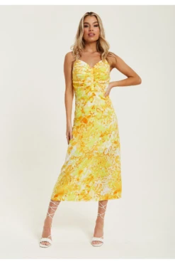 Liquorish Yellow And Orange Floral Print Ruched Maxi Dress