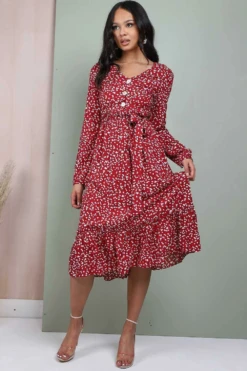 Lilura London Button Front Belted Midi Dress In Red Floral