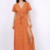 Lilura London Wrap Front Split Leg Maxi Dress Camel Daisy