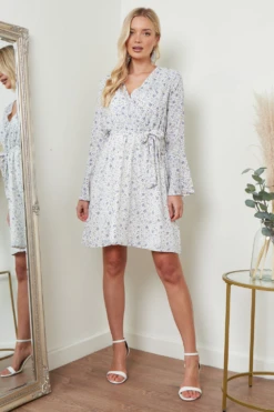 Lilura London Wrap Dress With Frill Sleeve In White Floral