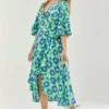 Liquorish Blue Floral Midi Wrap Dress Kimono Sleeve In Green