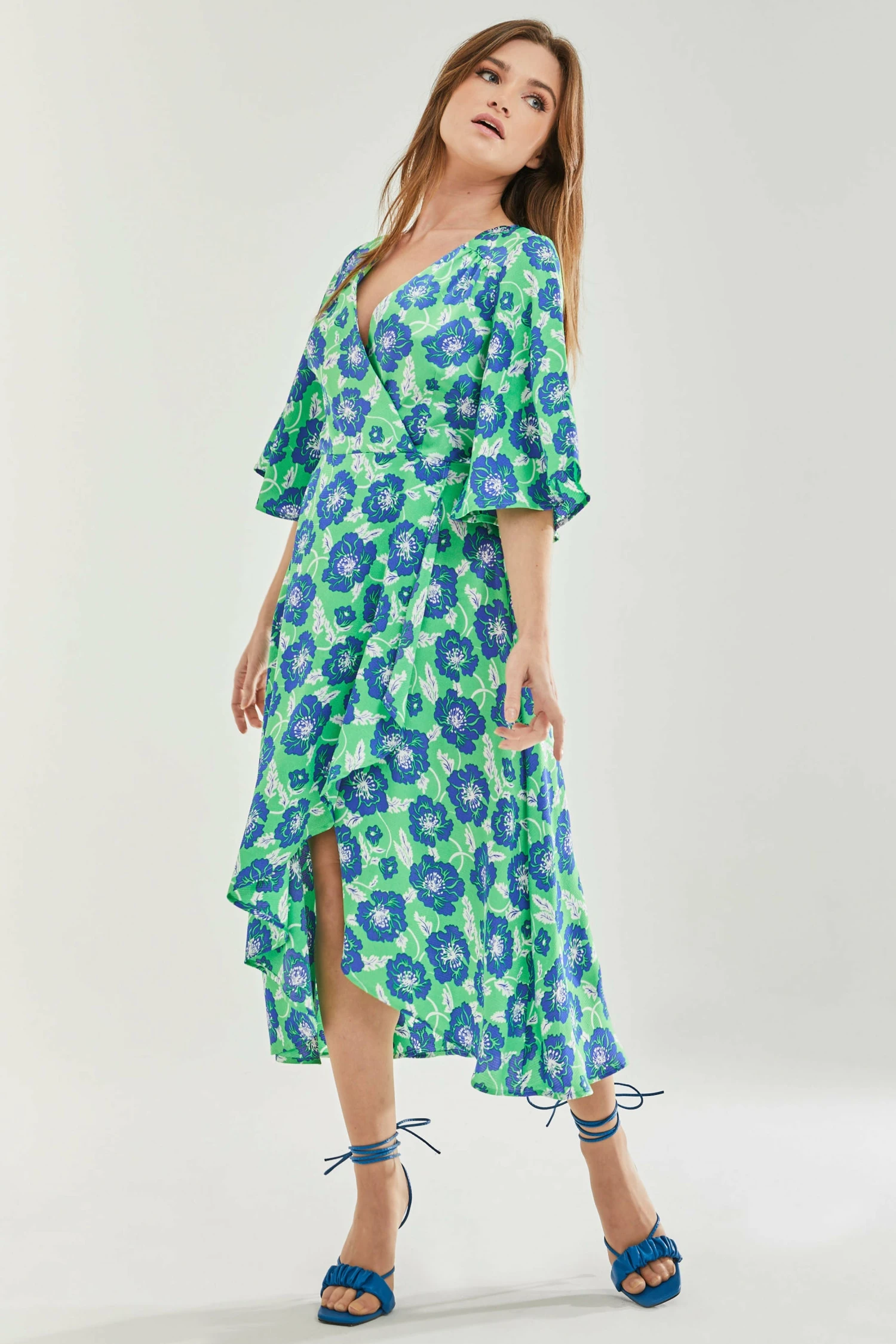 Liquorish Blue Floral Midi Wrap Dress Kimono Sleeve In Green 1 Liquorish Blue Floral Midi Wrap Dress Kimono Sleeve In Green