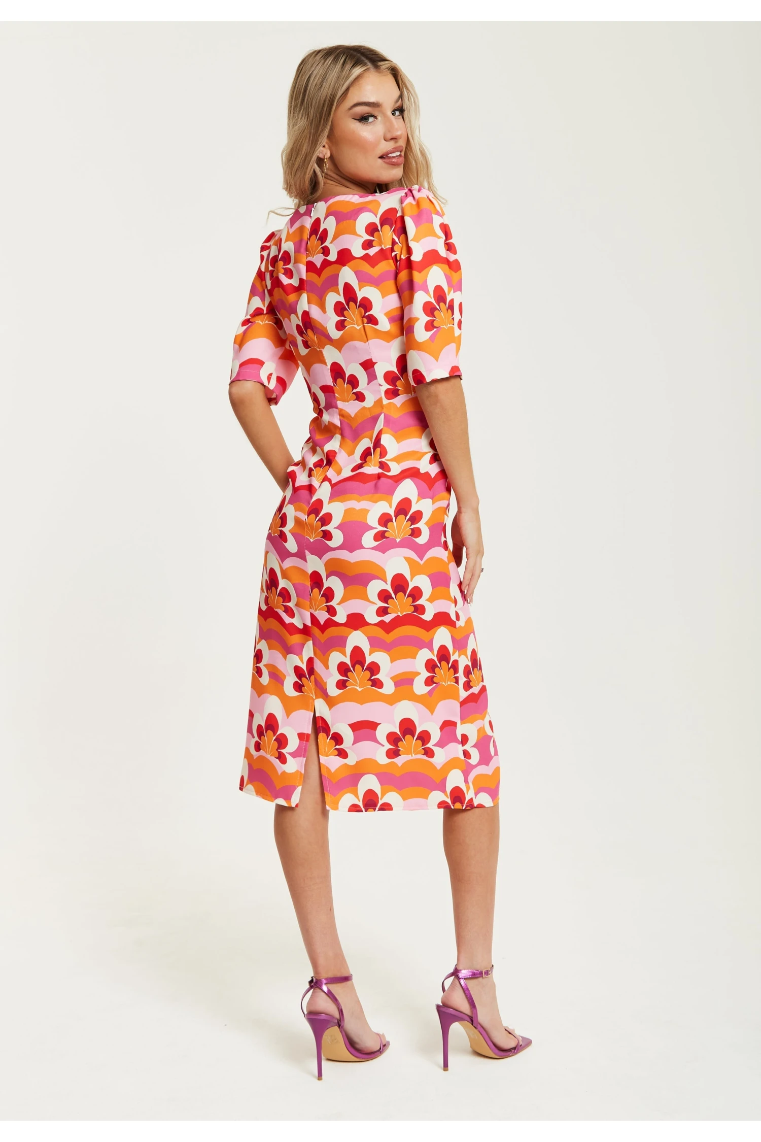 Liquorish Floral Knot Front Midi Dress In Orange And Pink 5 Liquorish Floral Knot Front Midi Dress In Orange And Pink - Image 5
