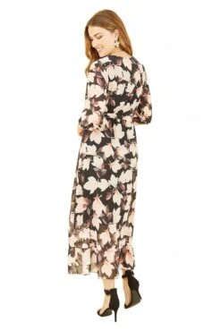 Yumi Black Blossom Wrap Midi Dress With 3/4 Sleeves -Liquosmi Store d8EGCZWo 14852