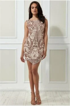 Goddiva Sequin Scalloped Hem Mini Dress - Blush