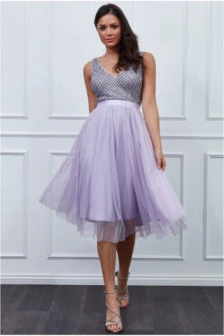 Goddiva Sequin Bodice Pleated Midi Dress - Lavender