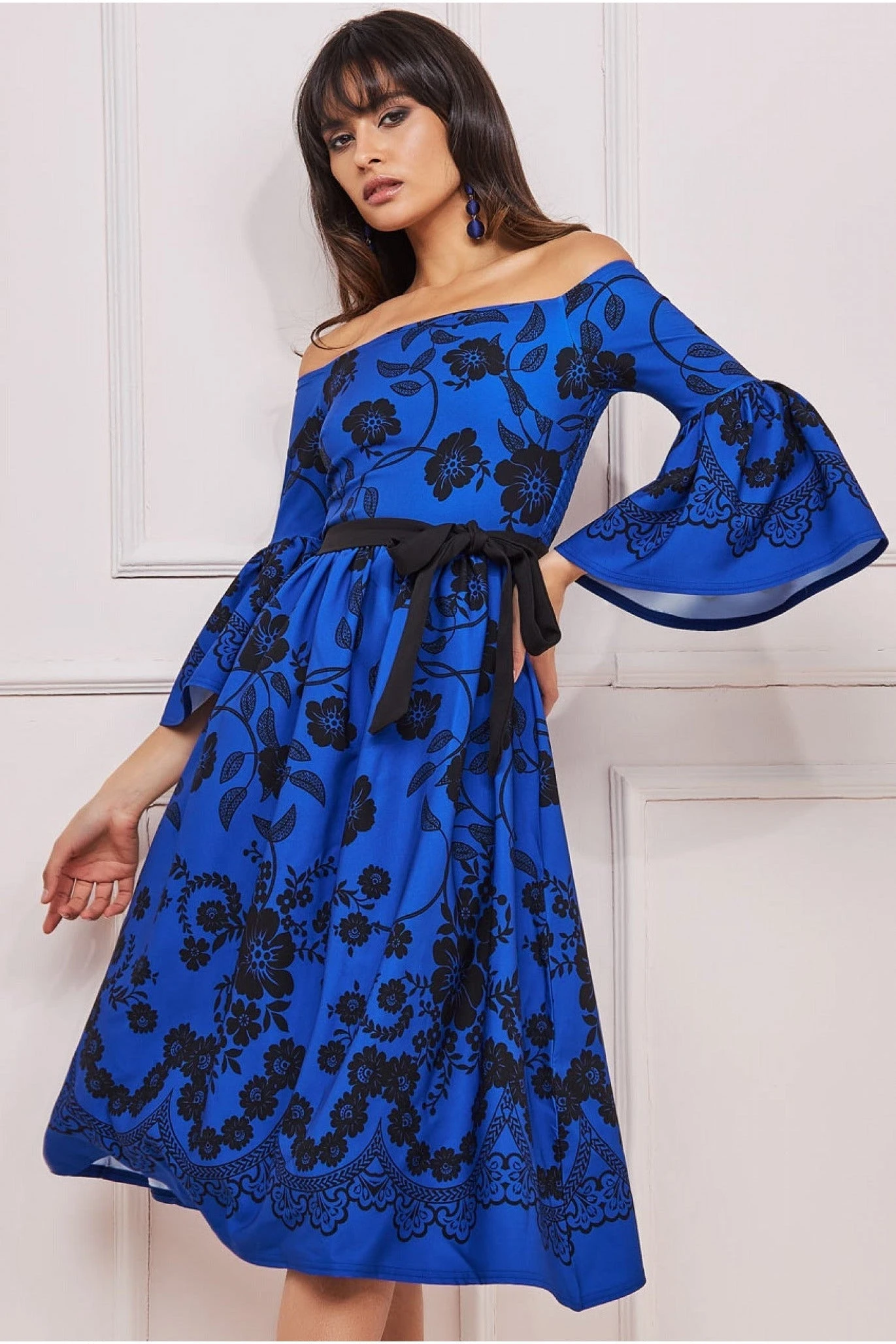 Goddiva Printed Off The Shoulder Midi Dress - Royalblue 3 Goddiva Printed Off The Shoulder Midi Dress - Royalblue - Image 3