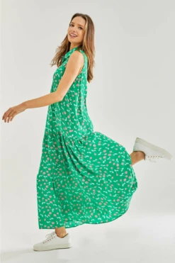 Liquorish Oversized Cherry Print Maxi Dress Green