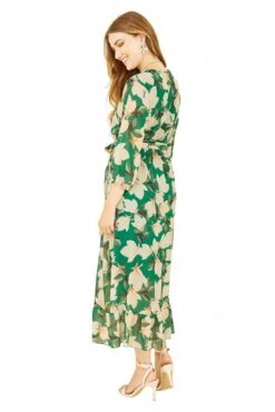 Yumi Green Blossom Wrap Midi Dress With 3/4 Sleeves -Liquosmi Store eKmgzMJg 14853