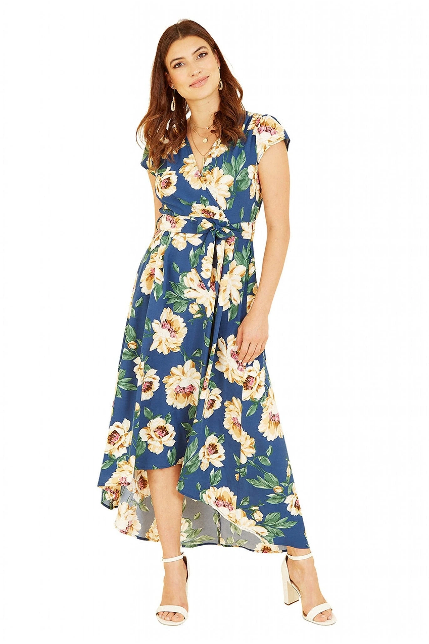 Mela London Blue Painted Floral Print Dipped Hem Wrap Dress 6 Mela London Blue Painted Floral Print Dipped Hem Wrap Dress - Image 6