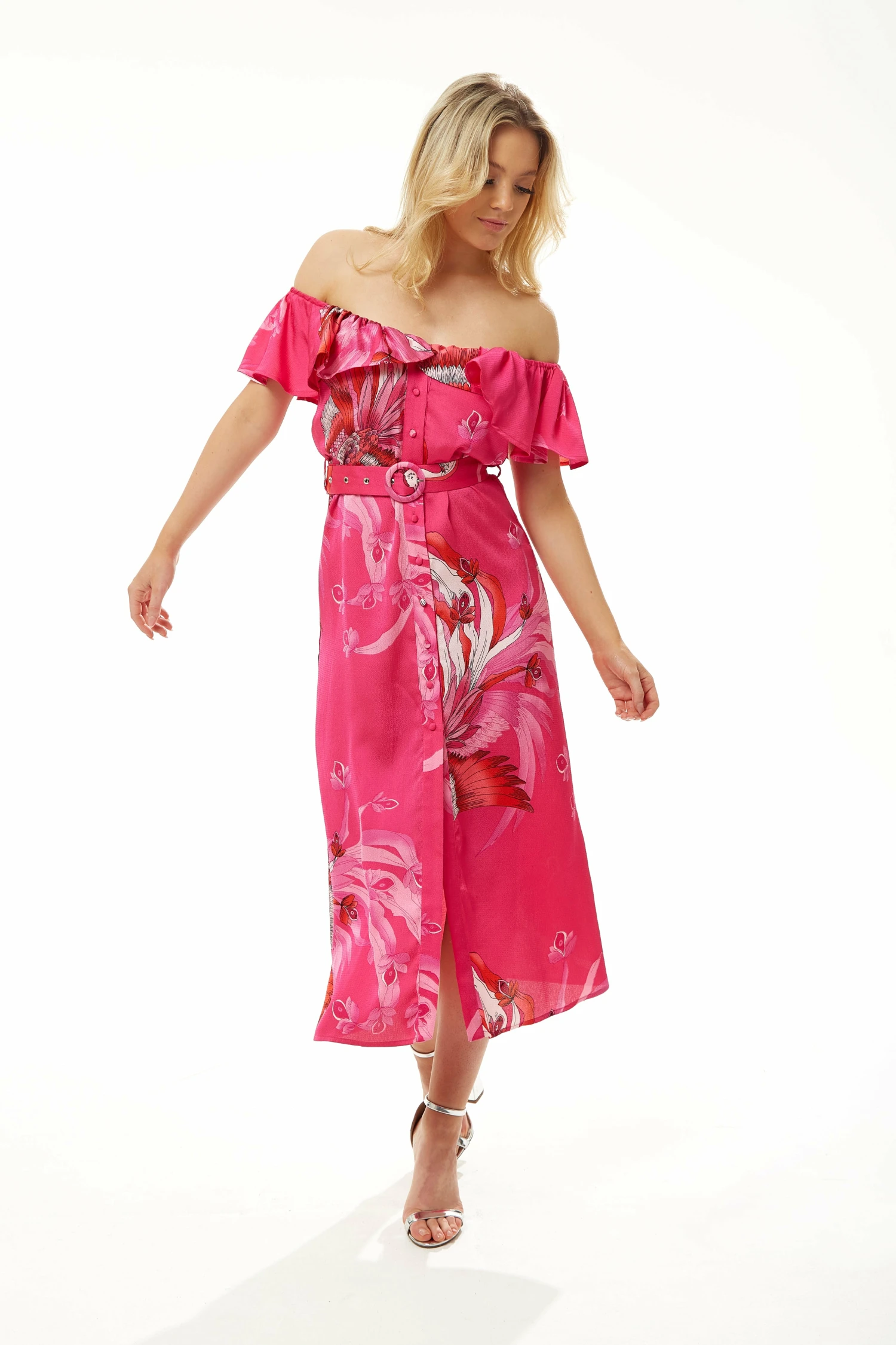 Liquorish Belted Midi Dress Off Shoulder Sleeves In Fucshia 2 Liquorish Belted Midi Dress Off Shoulder Sleeves In Fucshia - Image 2