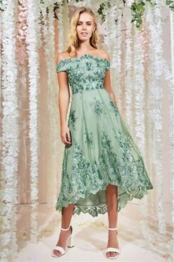 Goddiva Bardot Sequin & Lace High Low Midi - Sagegreen