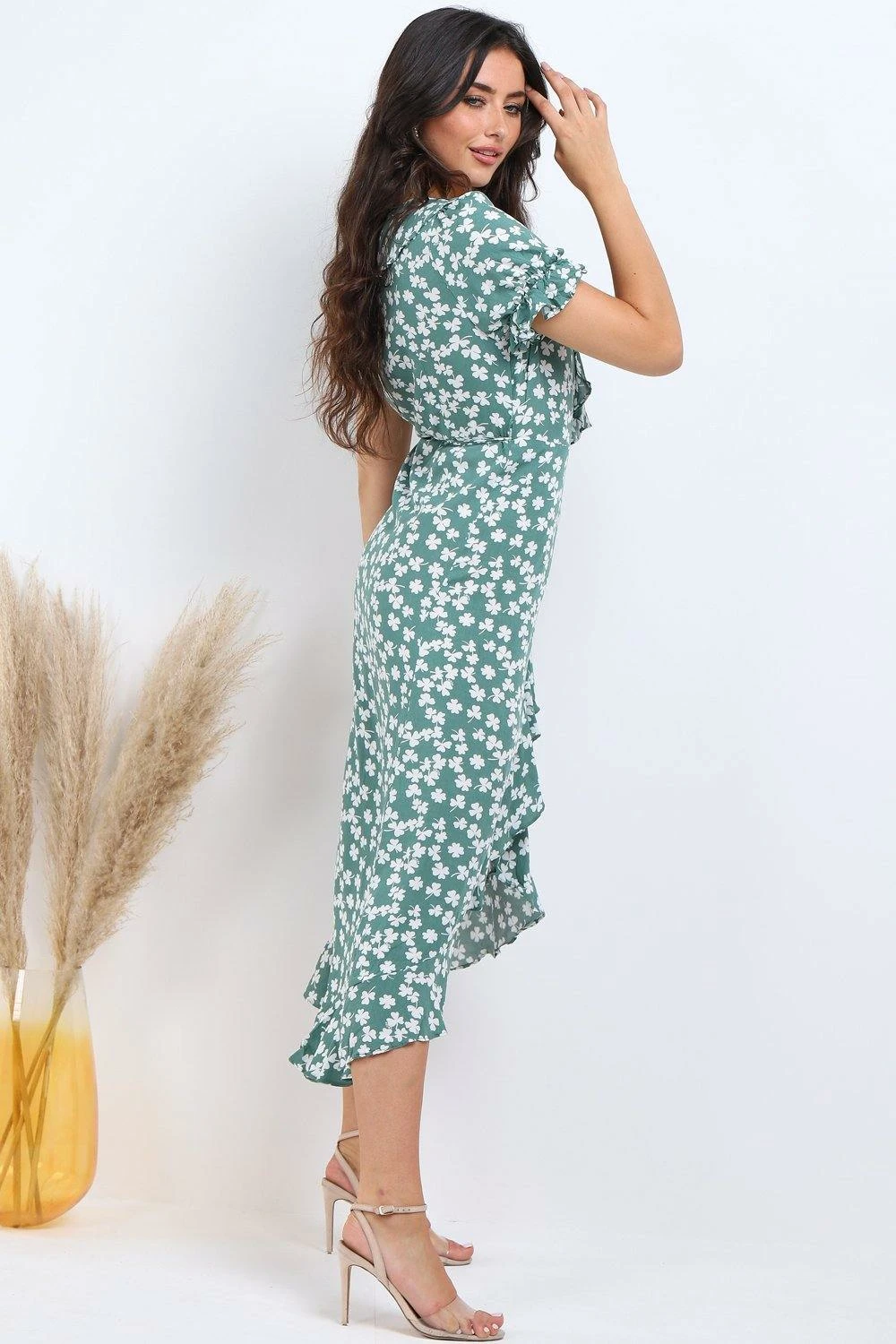 Lilura London Green Floral Print Frill Wrap Midi Dress 3 Lilura London Green Floral Print Frill Wrap Midi Dress - Image 3