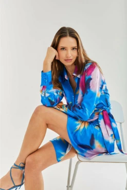Liquorish Blue Floral Satin Mini Wrap Dress -Liquosmi Store hLbWN3QM 8711
