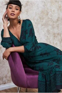 Goddiva Floral Print Puff Sleeve Midi Dress - Emerald Green -Liquosmi Store hYXXIS47 5570