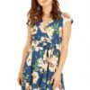 Mela London Blue Painted Floral Print Dipped Hem Wrap Dress