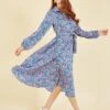 Yumi Blue Ditsy Print Long Sleeve Midi Shirt Dress